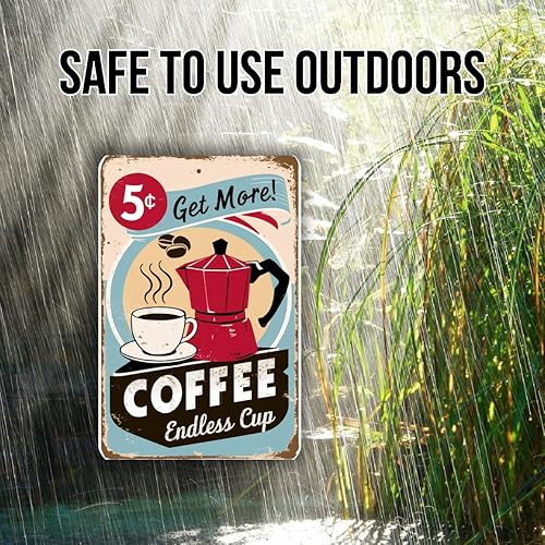 Miniatura 4 de Letrero de metal con texto en inglés "Get More! Coffee - Endless Cup" de estilo vintage, cafetera roja retro y taza de café blanca de 8 x 12 pulgadas