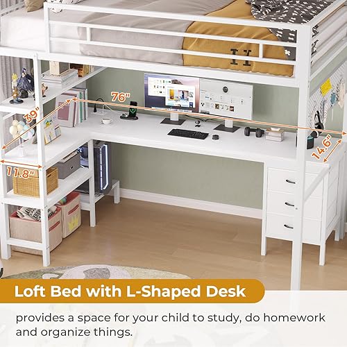 Miniatura 3 de ADORNEVE - Cama alta de tamaño individual con escritorio en forma de L, luces LED, estación de carga, cama alta de metal de tamaño individual con