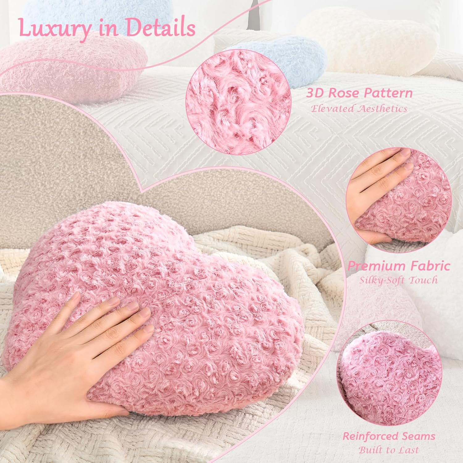 Heart Pillow Pink Throw Pillows, Soft and Fluffy Decorative Pillows for Bed Couch Chair, Cute Heart Shaped Room Decor for Valentine Anniversary Birthday Halloween Christmas (Small, 13"x10") - Image 6