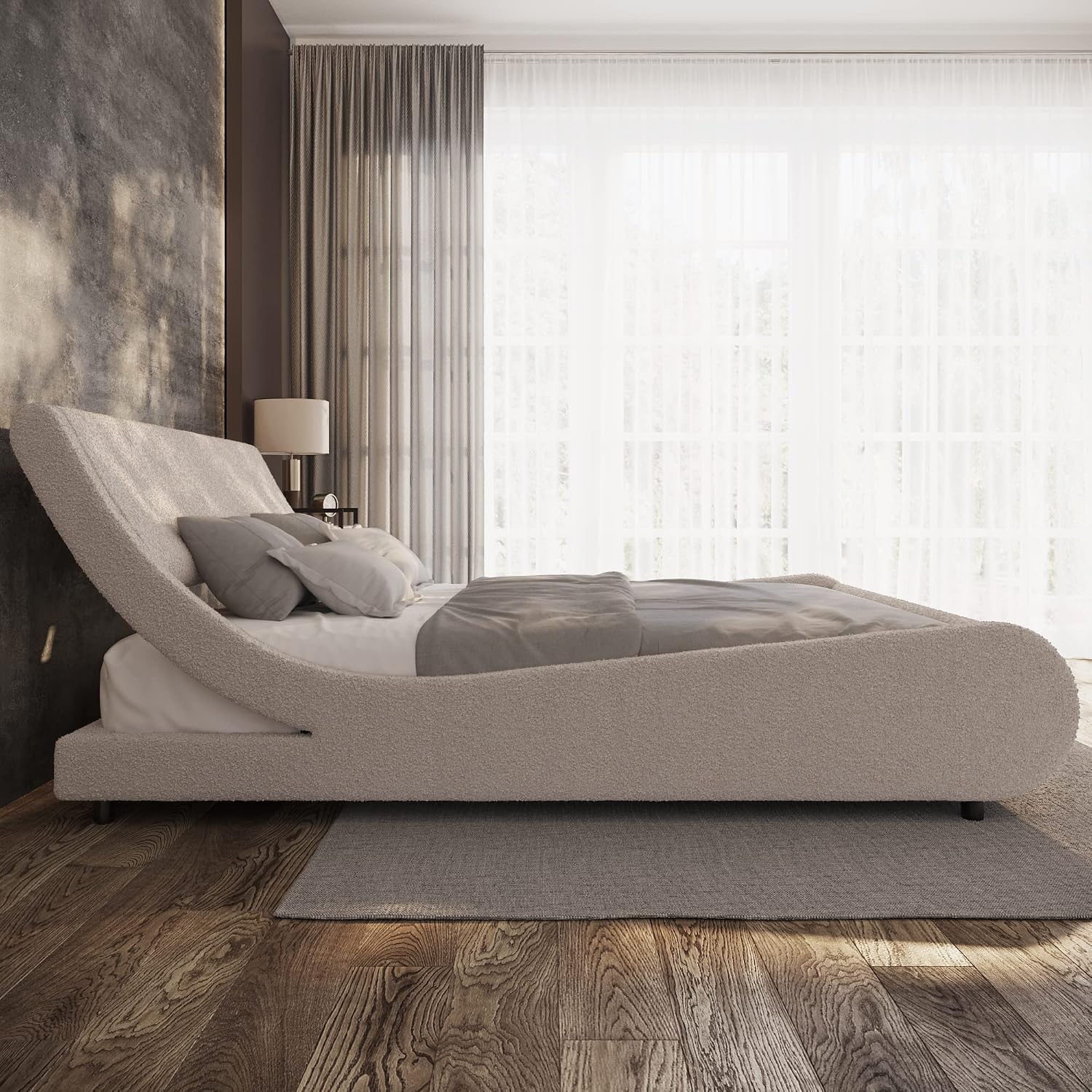 ZTOZZ Naples Wave Like Boucle Bed Frame California King Size - Low Profile Modern Contemporary Curved Platform Bed with Boucle Upholstery - White Color