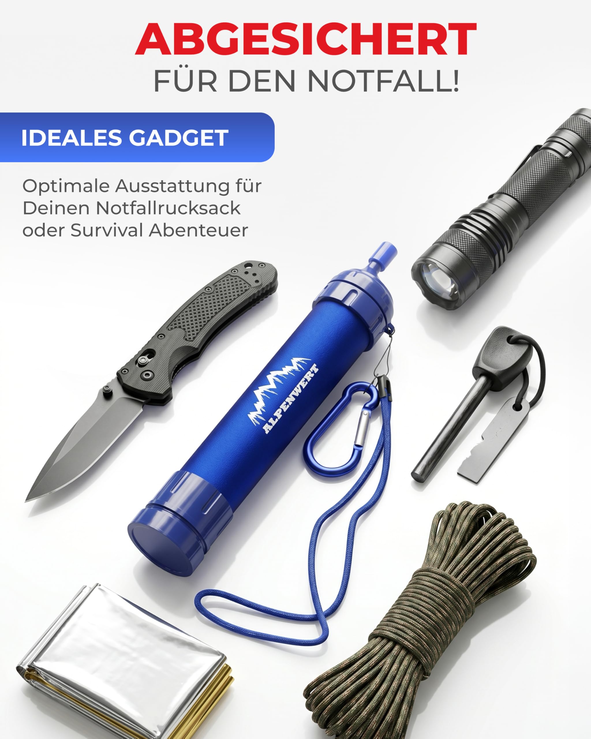 ALPENWERT Wasserfilter Outdoor - Trinkwasserfilter für 4000 Liter gefiltertes Wasser - Trinkwasseraufbereitung die 99,99% aller Keime und Bakterien abtötet
