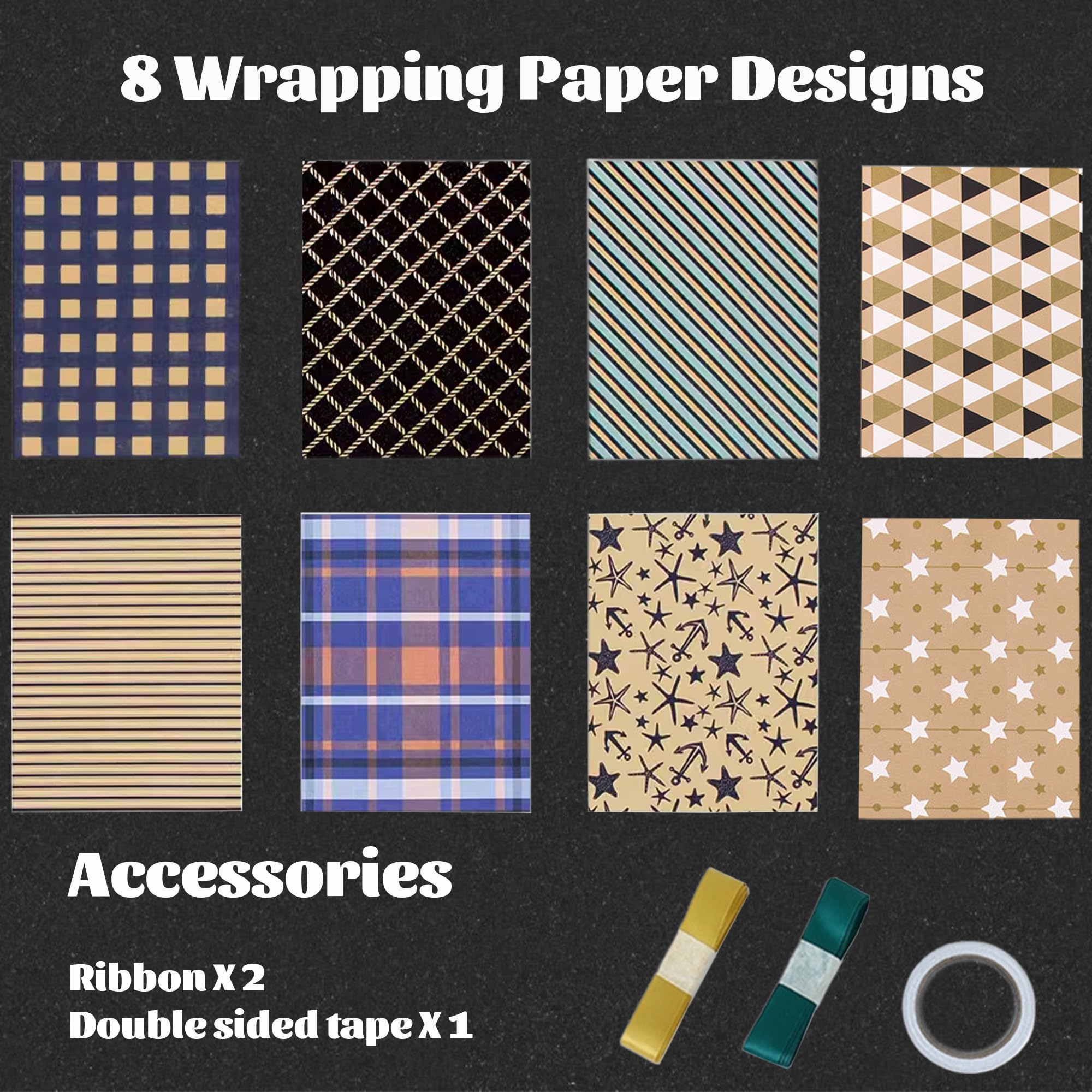 Dantolo 8 Piezas Rollo Papel Kraft Decorado, 50x70cm Papel Para Envolver Regalos, Papel Regalo Kraft con cuerda de cáñamo para Cumpleaños, Navidad, Bodas
