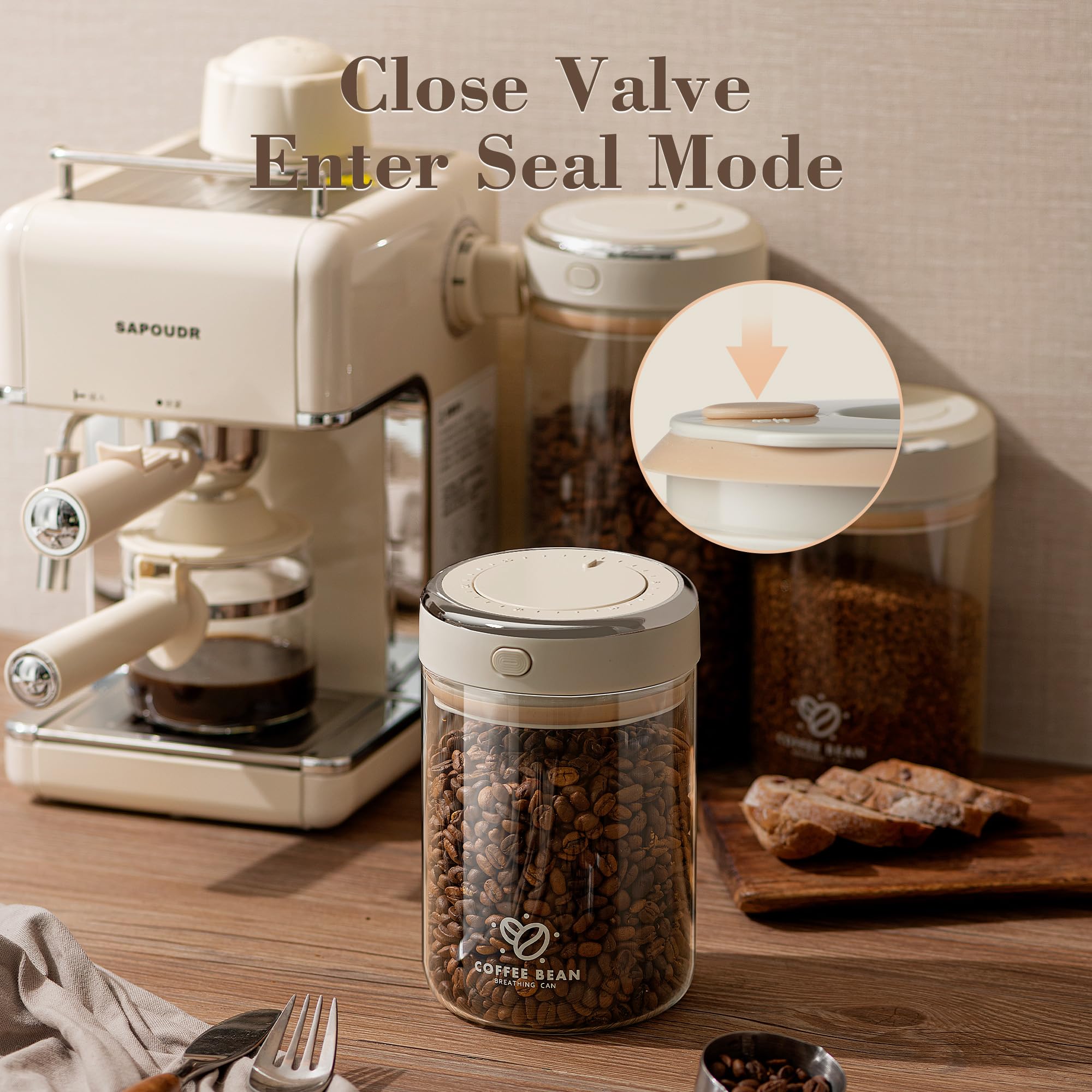 IRCtek Contenitore per chicchi di caffè con valvola unidirezionale, coperchio ermetico, datario, per caffè e altri alimenti freschi e conservati, in vetro borosilicato trasparente (371,4 g)