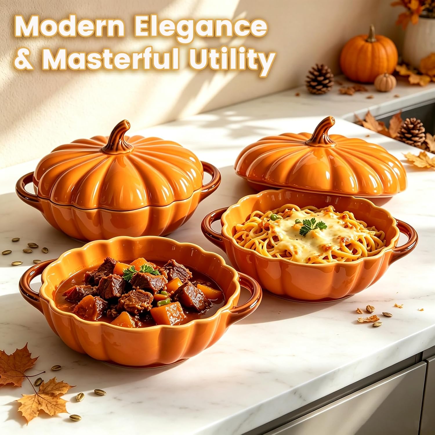 Pumpkin Casserole Dish with Lid, Orange, Oven Safe,8.3" x 2.4"
