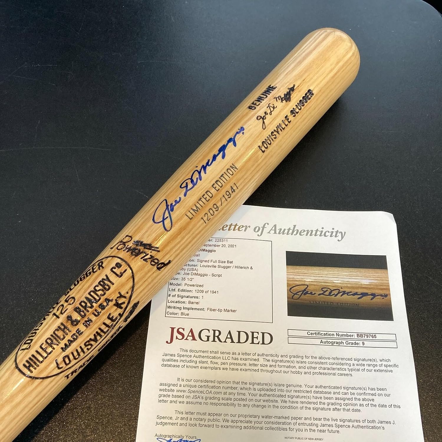 Beautiful Joe Dimaggio Signed Game Model Baseball Bat JSA Graded MINT 9 - MLB Autographed Game Used Bats
