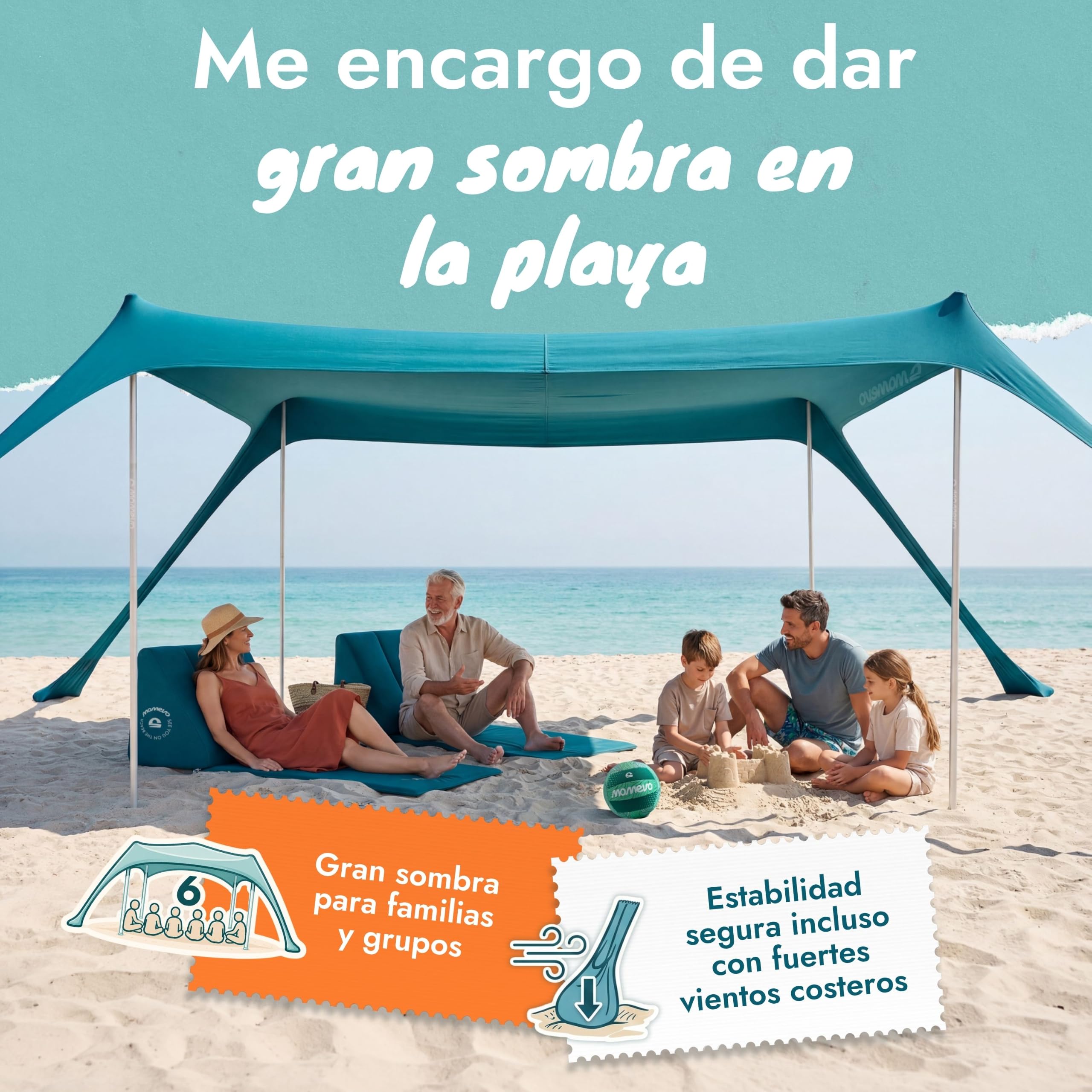 Tienda de Playa con toldo Solar UPF50+, 6 Personas, Azul Petróleo | Antiviento, Refugio de playa ligero, resistente al viento y ligera, tienda de playa de nueva generación