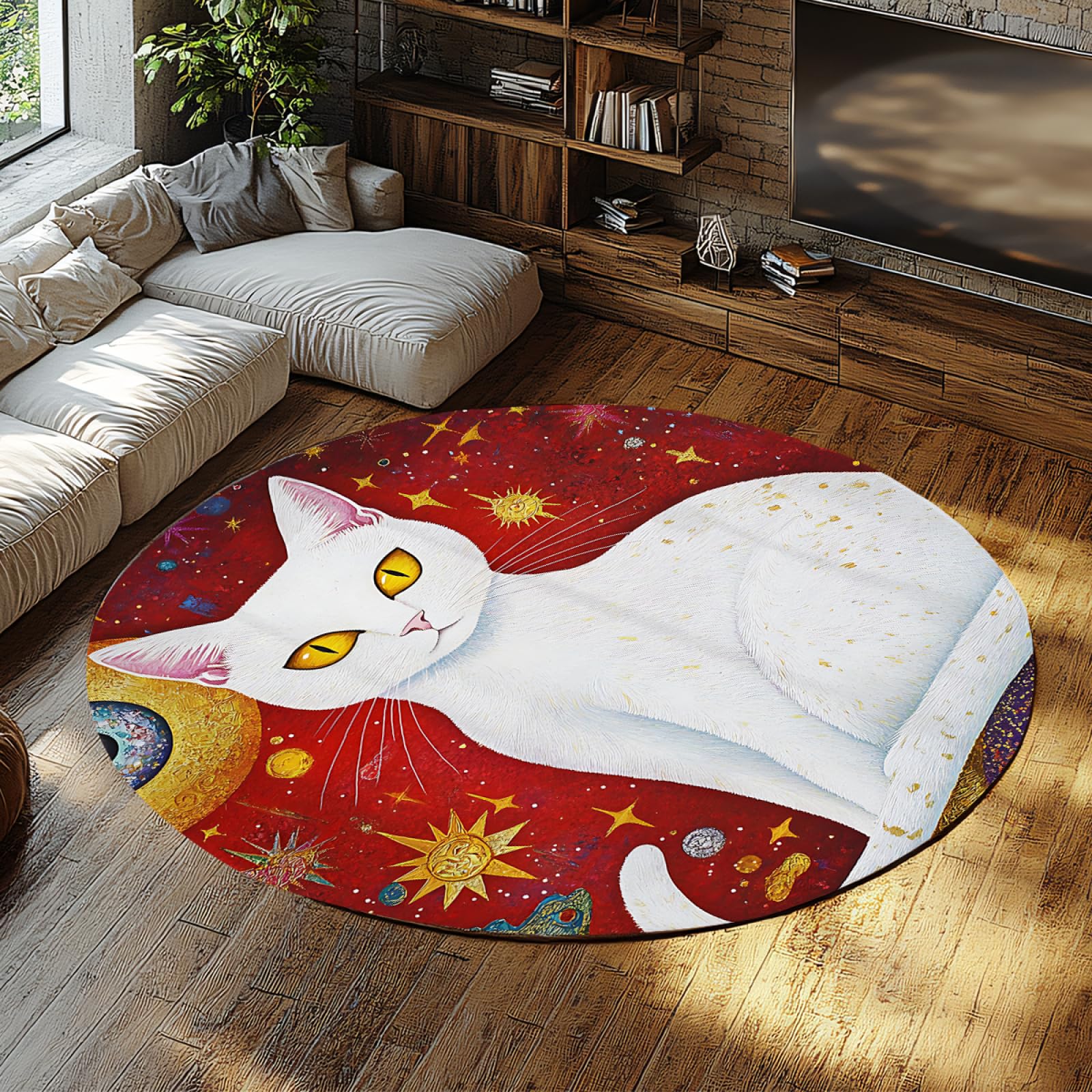Tapis rond espace et chat blanc pour salon et chambre bohème
