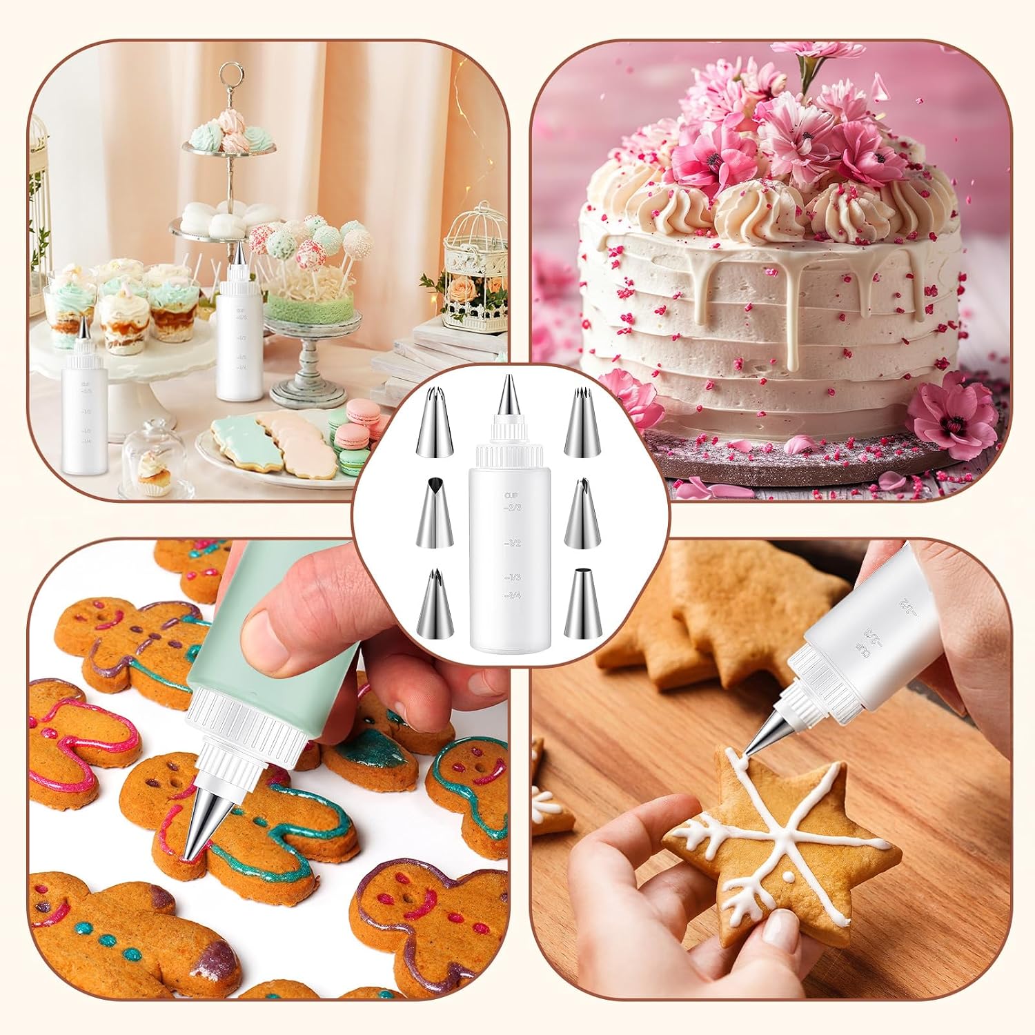 LemonRoad 4 Pcs Piping Bottles for Icing Cookie Decorating Supplies Plastic Squeeze Bottles with 6 Different Piping Tips for Cookie Icing Kit Pancake Squeezing Applicator Writer(4 oz)