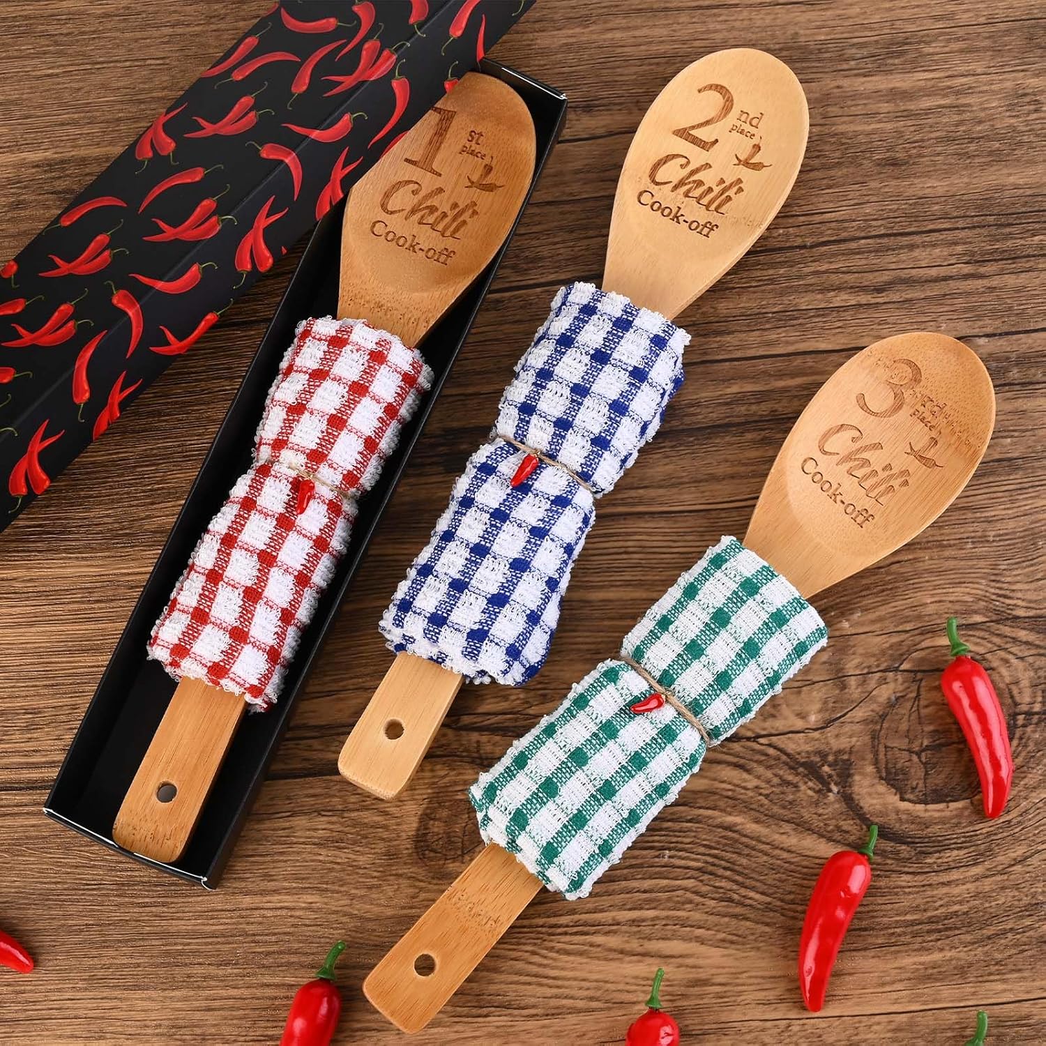 3 Set Chili Chili Cook off Award Prizes 1st 2nd 3rd Wooden Spoons Trophies Cooking Dishcloth Chili Box for Chili Festivals Cooking Competition Chili Cook off Gift Supplies - Image 4