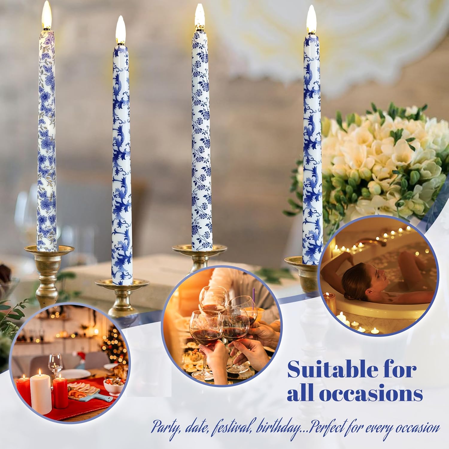6PCS Blue and White Porcelain Flameless Taper Candles, 11 Inch LED Candlesticks Battery Operated with 11-Key Remote and Timer, 3D Flickering Flame Lights for Wedding Party Home Decor Gifts