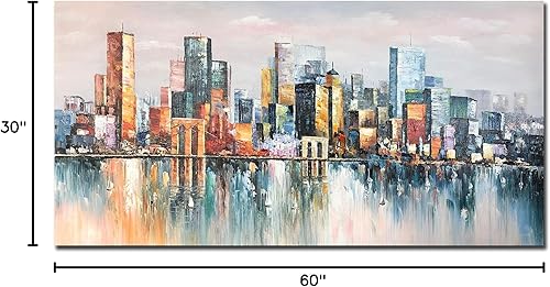 Miniatura 8 de Bouvy Arte, 30 x 60 pulgadas, pintura al óleo colorida pintada a mano del horizonte de Nueva York, paisaje urbano, arte de pared moderno abstracto