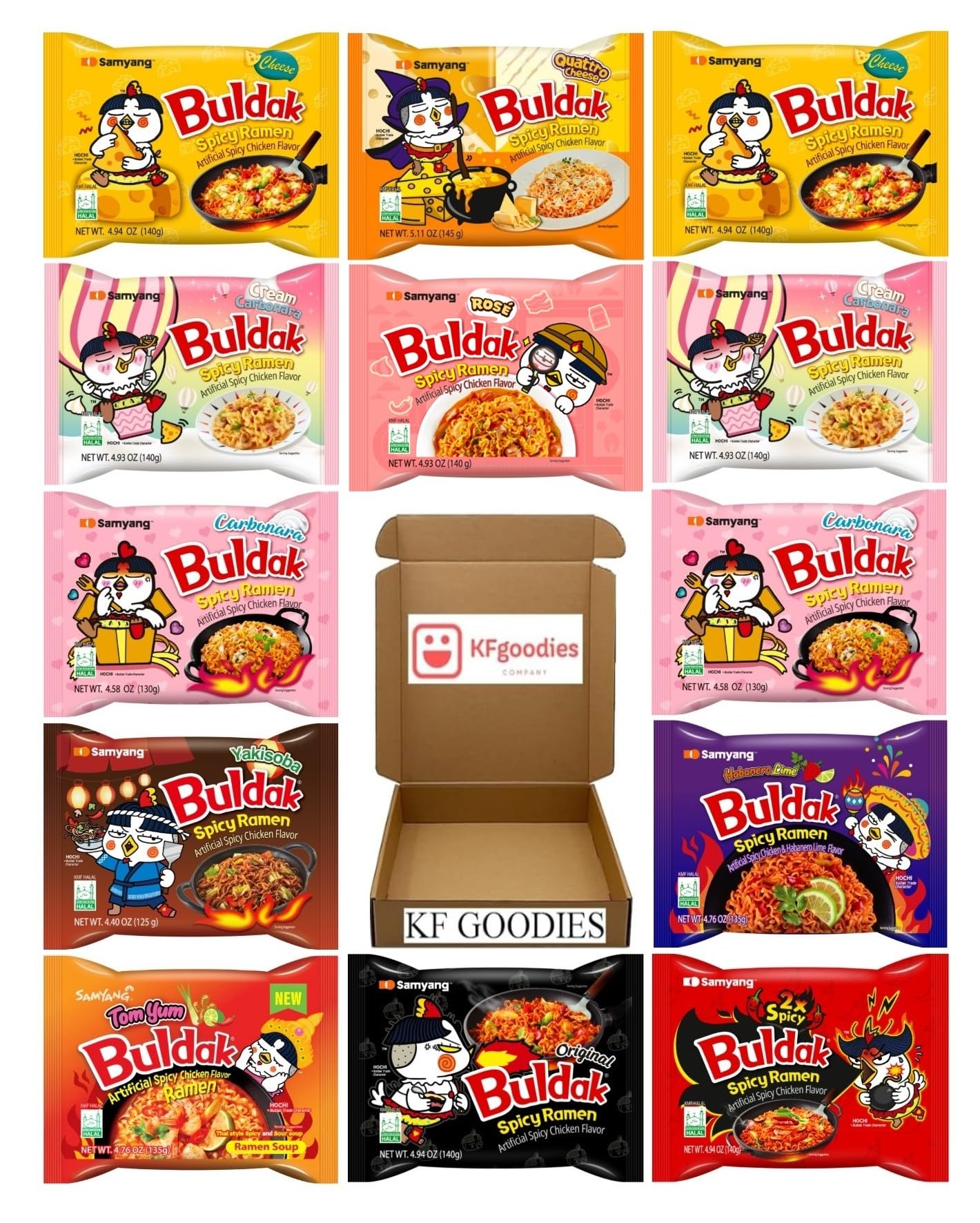 KF GOODIES Korean Ramen Variety Pack Gift Box (12 Count) - Spicy Buldak Noodle Assortment for Birthdays, College Care Packages and Gift Baskets