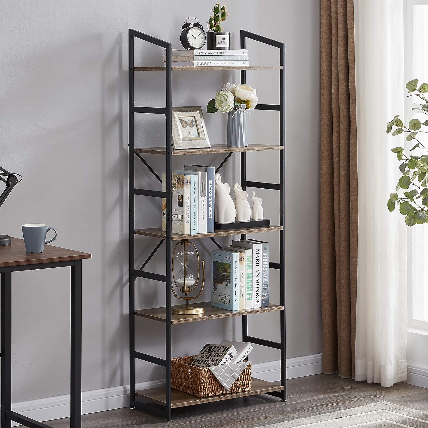 SUPERJARE 5-Tier Industrial Bookshelf, Open Bookcase with Metal Frame, Vintage Book Shelf, Storage Display Shelves for Home Office, Wood Grain - Retro Brown