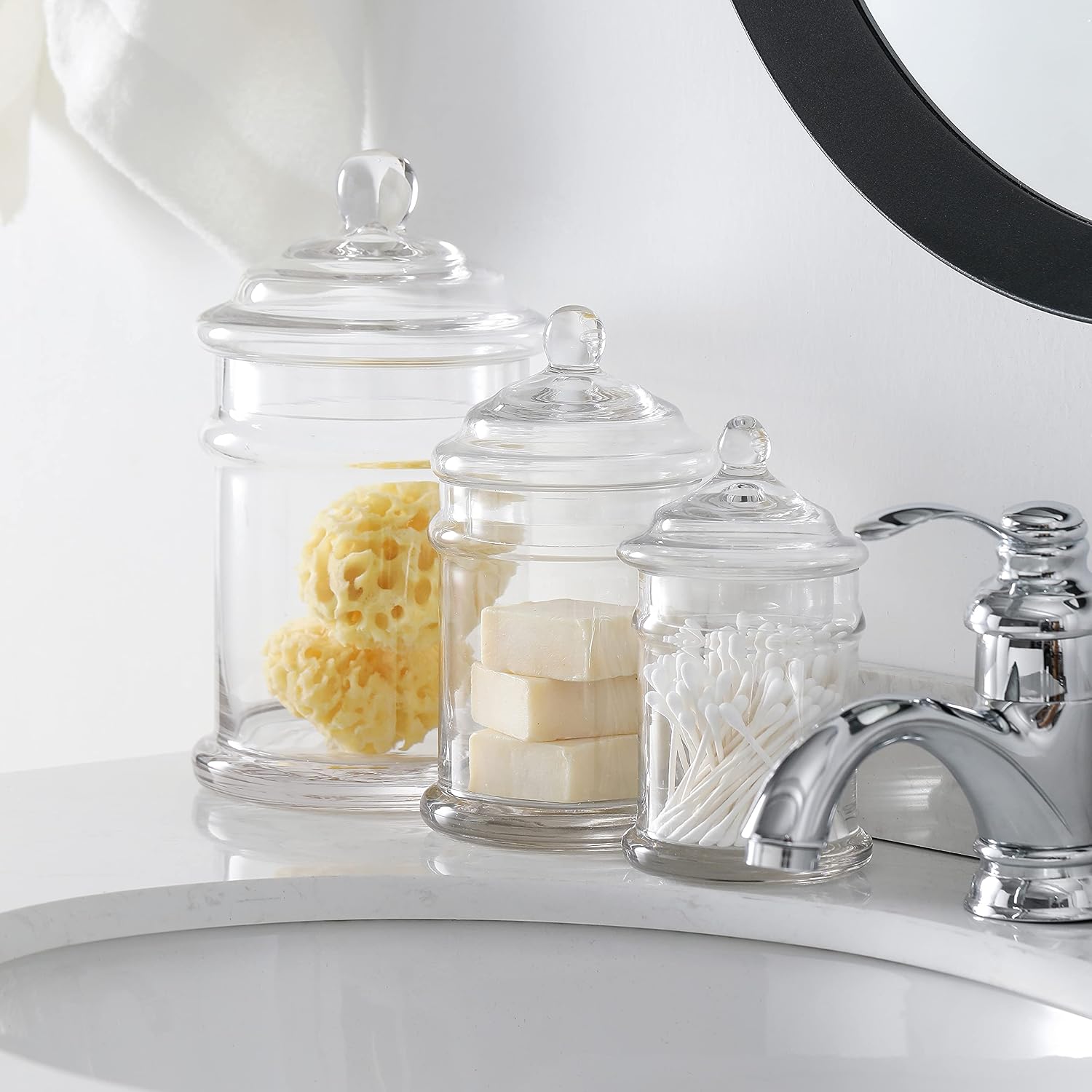 Glass Apothecary Jars Bathroom Storage Organizer Canisters (Set of 3, Clear)