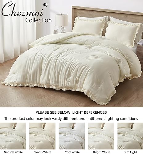 Miniatura 5 de Chezmoi Collection Juego de edredón Nora de microfibra lavada suave con ribete de volados, 3 piezas (tamaño King, color marfil)