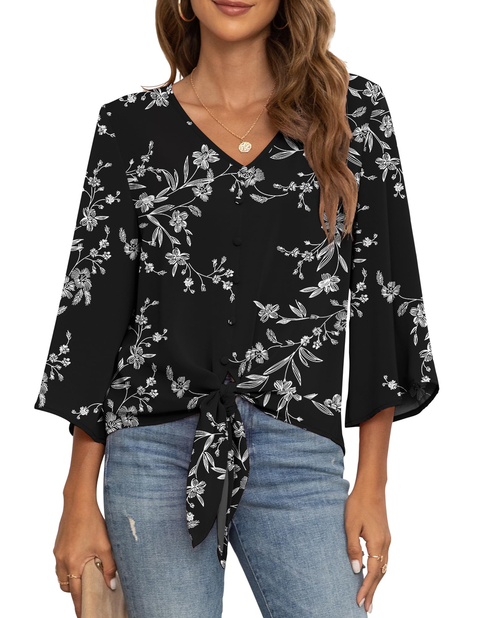 VIISHOW Women's Button V Neck Chiffon Tops 3/4 Bell Sleeve Tie Knot Casual Blouses Loose Summer Shirts