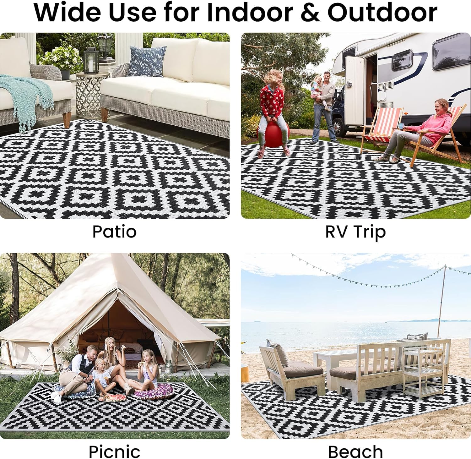 smiry Alfombra para exteriores, impermeable, resistente a los rayos UV, para patio exterior, reversible, de plástico, para balcón, camping, picnic, patio trasero, 150 x 240 cm, blanco y negro