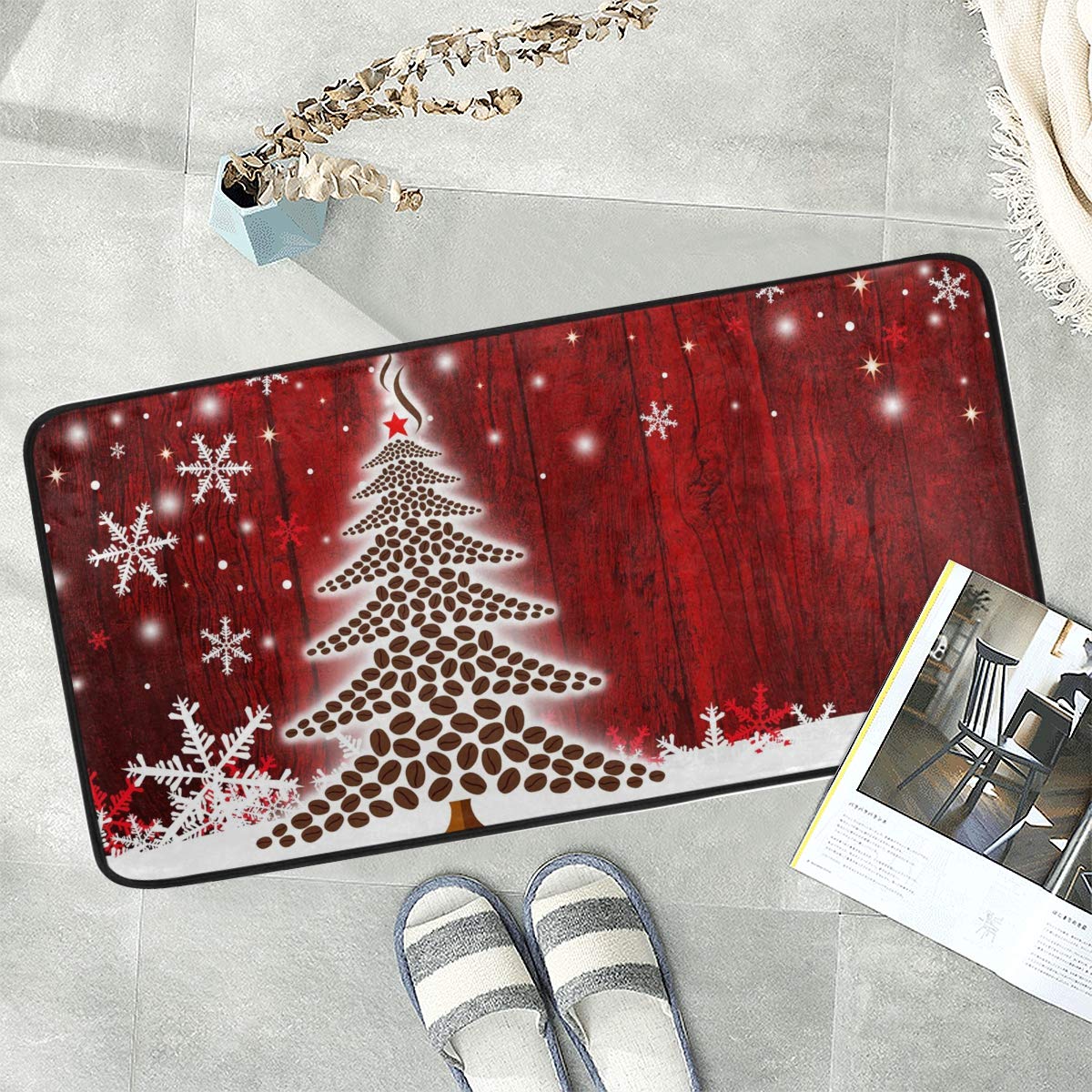 Naanle Christmas Anti Fatigue Kitchen Floor Mat, Coffee Christmas Tree Non Slip Absorbent Comfort Standing Mat Kitchen Runner Rug for Hallway Entryway Bathroom Living Room Bedroom 39 x 20 Inches