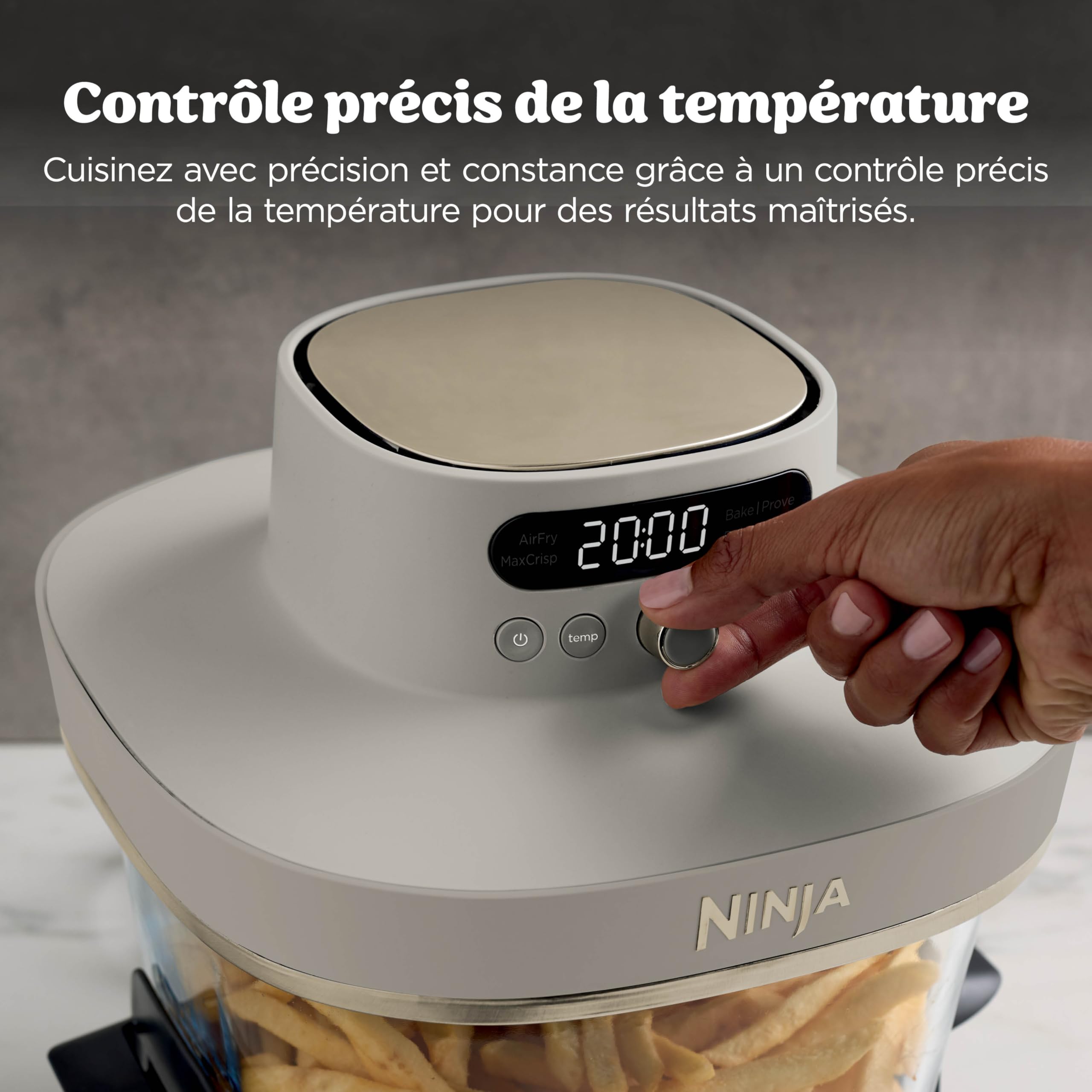 Ninja CRISPi PRO XL, Friteuse sans huile, bols 5,7l et 2,3l AS090EUSD | 5 modes de cuisson prédéfinis, avec contenants en verre CleanCrisp de 5,7 l et 2,3 l, couvercles de rangement, Stone/Or