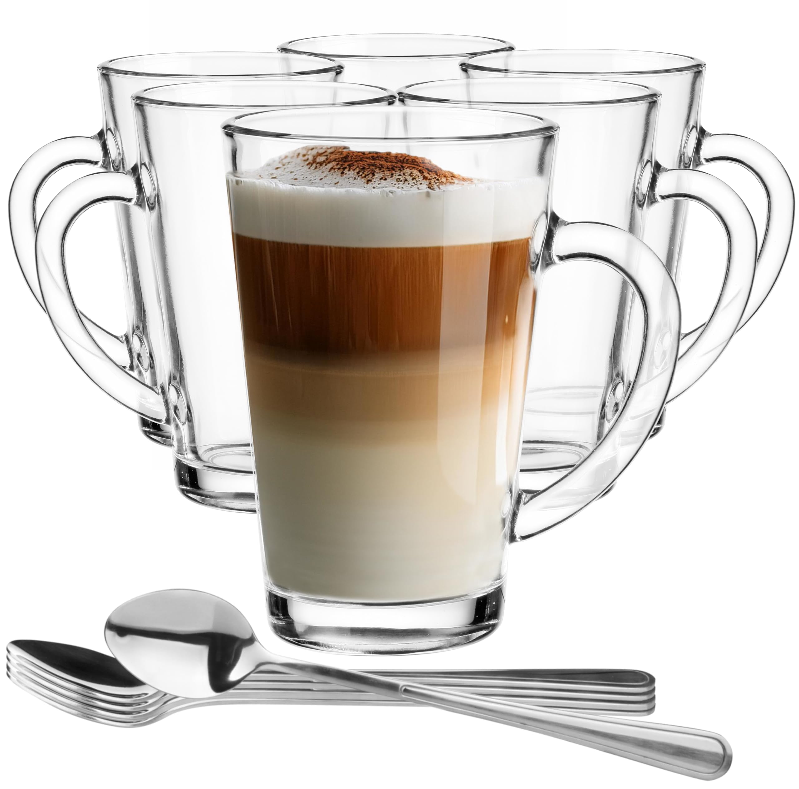 Set 6 Bicchieri Per Cappuccino Con Manico + 6 Cucchiaini In Acciaio Inox: Trasparenti, 250 Ml, Lavastoviglie