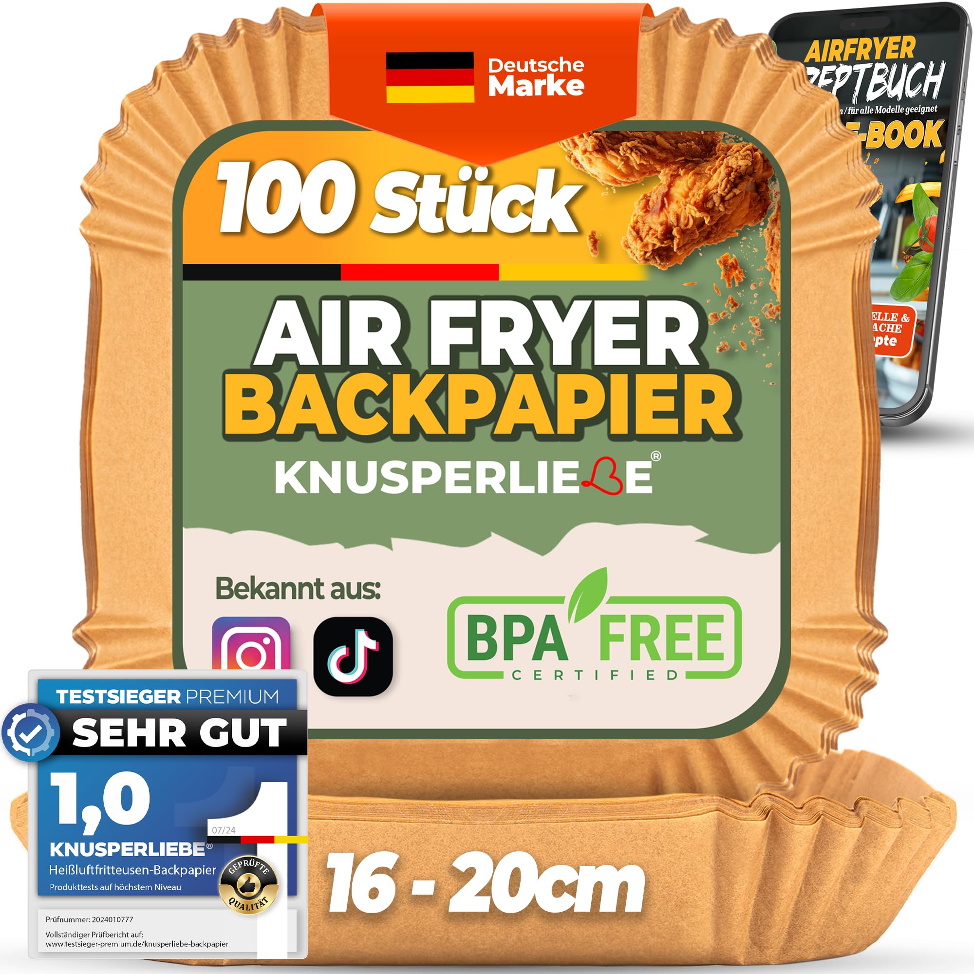 KNUSPERLIEBE® Papel de horno para freidora de aire caliente, 16-20,5 cm, 2-4,4 L, 100 unidades, papel antiadherente desechable para Ninja Double Stack SL300, SL400, Philips Cosori Air fryer