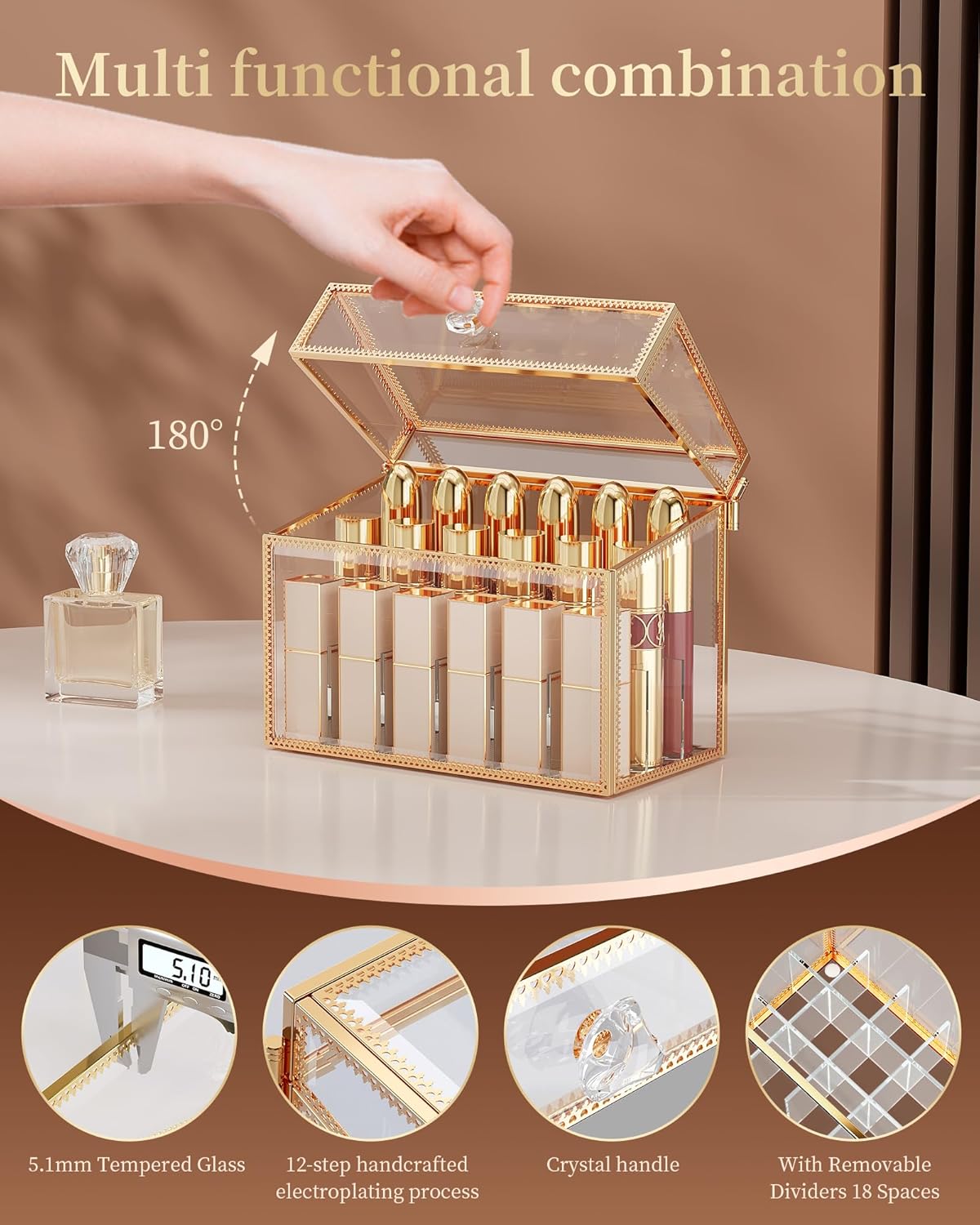 CoralHouse Lipstick Organizer,Luxury Tempered Glass Lipstick Holder & Nail Polish Organizer, 18-Slot Vanity Cosmetic Organizer with Removable Dividers, Gold