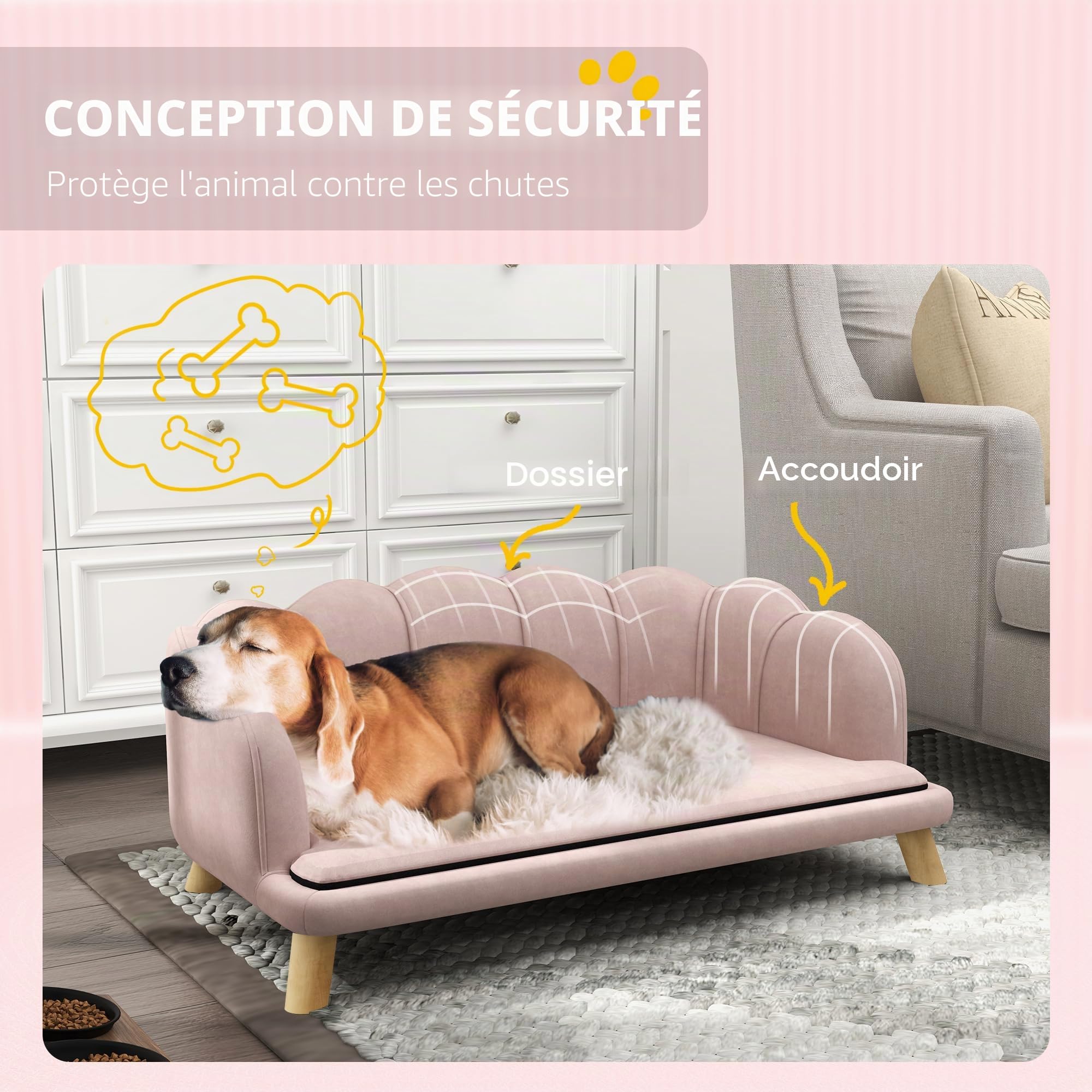 PawHut Canapé pour Chien Housse Lavable avec Dossier et Pieds en Bois, pour Chiens de Taille Moyenne Moins de 25 kg, Rose