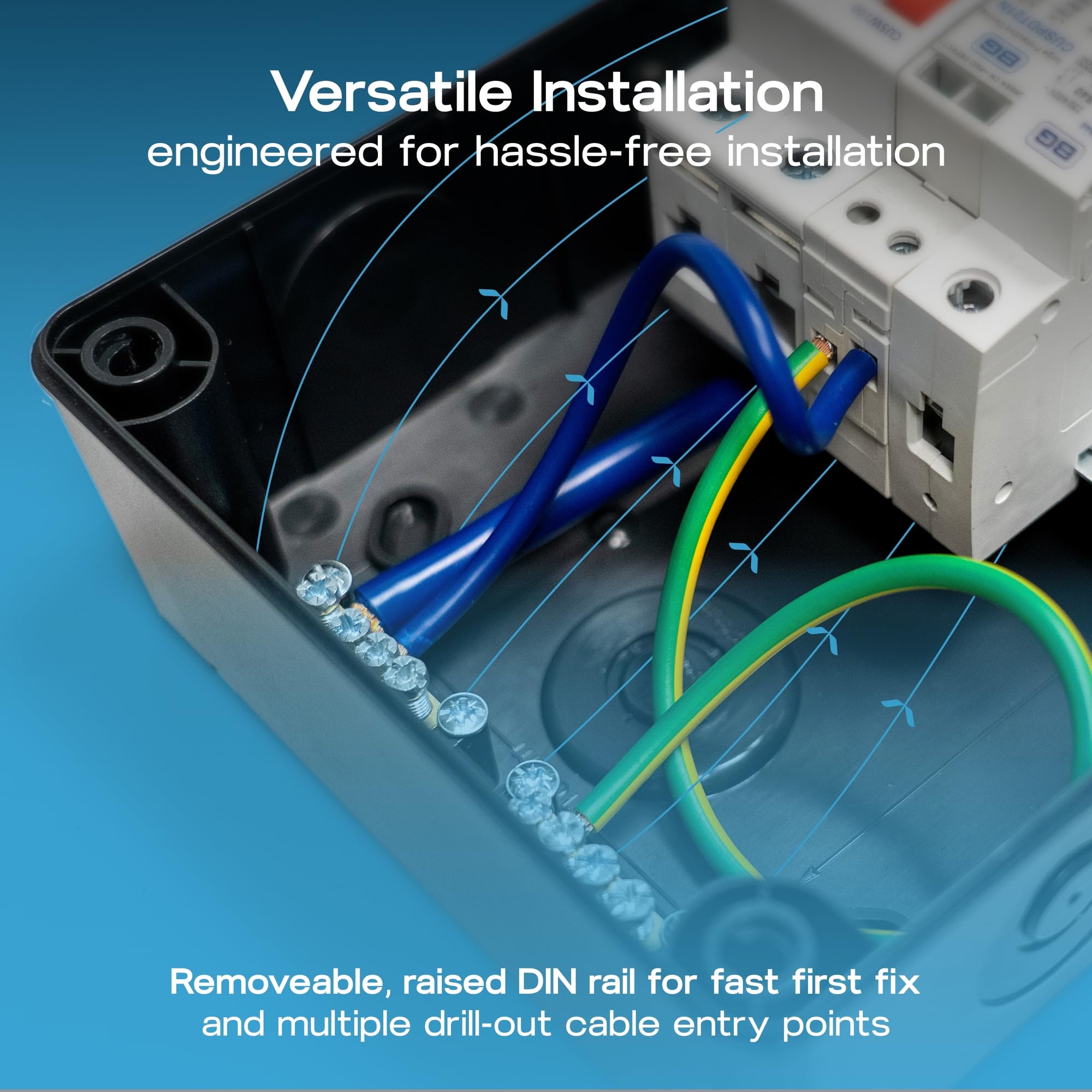 Unità di consumo EV con interruttore principale 100A, 40A 30mA RCBO bidirezionale bidirezionale tipo A e tipo 2 SPD, contenitore per veicoli elettrici e ibridi, popolato, 5 moduli, IP66