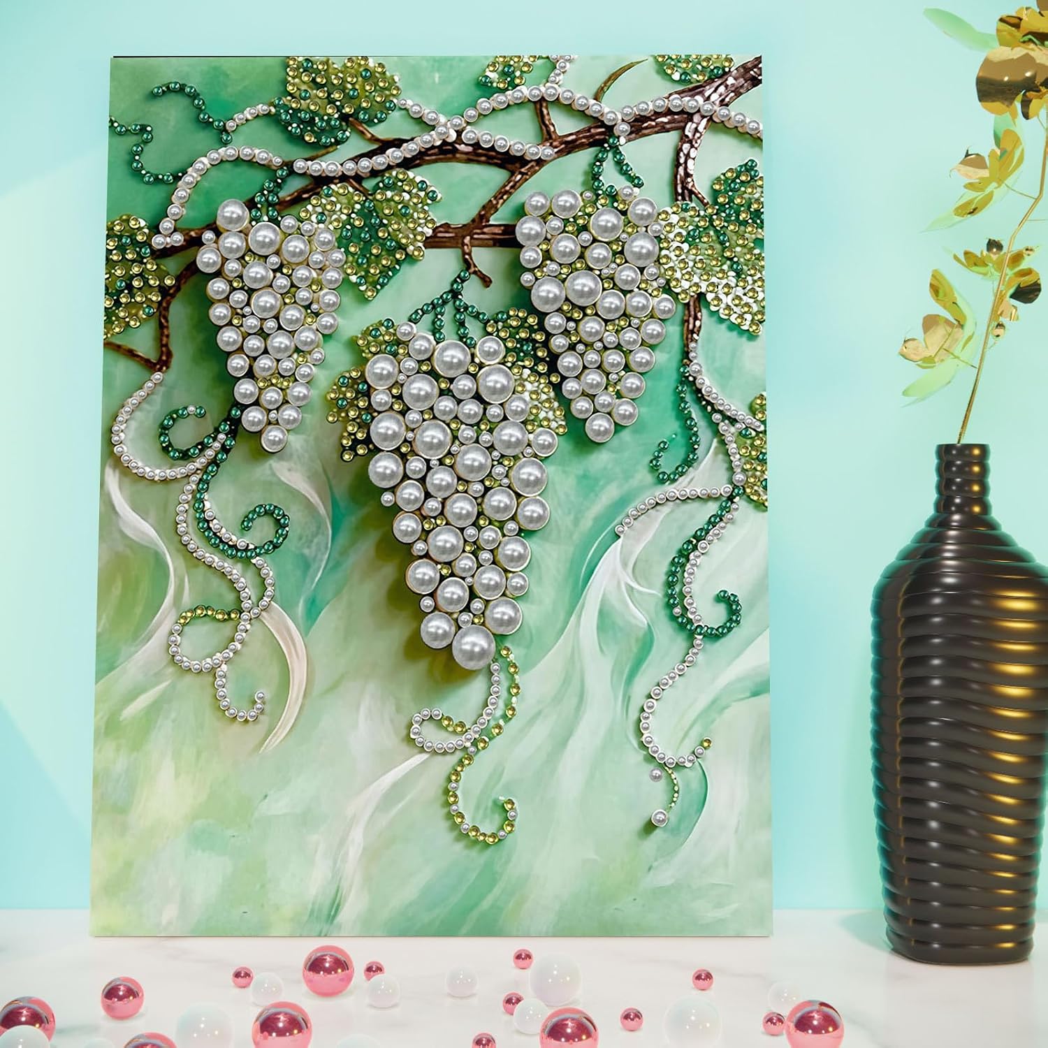C'eitura Grape Harvest DIY Pearl Diamond Art Painting Kit with Frame - Realistic Fruit & Vine Wall Art, 11.8x15.7 Inch Home Decor with Pearlescent Diamonds, Rustic Kitchen Dining Room Decor Gift