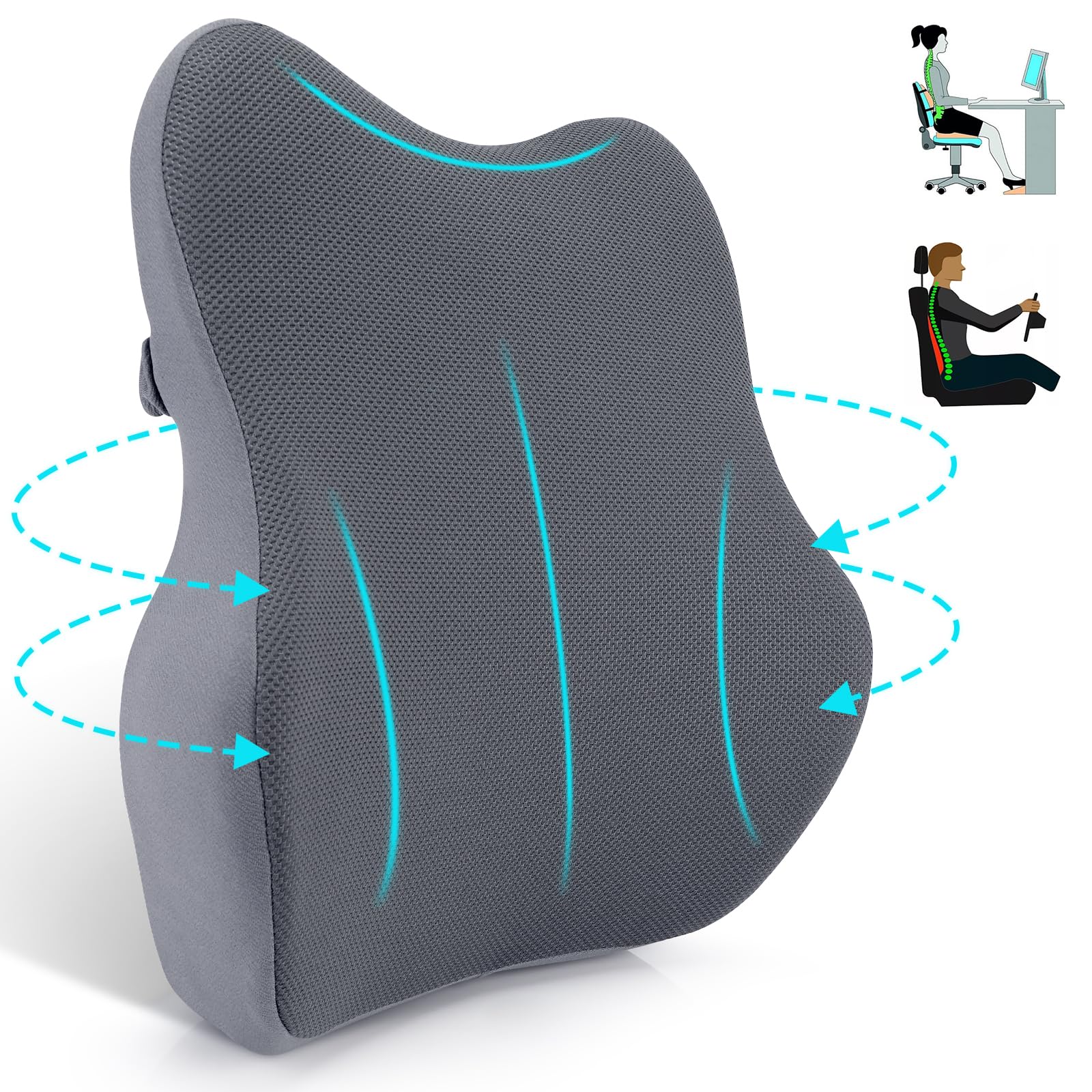 Farerkass Cojin Lumbar Ergonómico, Almohada Lumbar de Espuma Viscoelástica, Soporte Lumbar con Malla para Silla Oficina, Asiento Coche, Silla de Ruedas (Gris Claro)