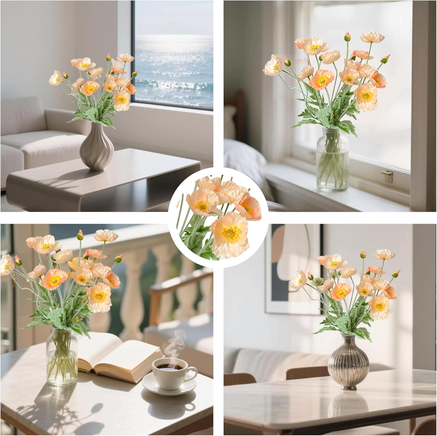 Artificial Poppy Flowers, 5 Bundles Faux Poppies with Stems for Floral Arrangements - Wedding, Home, Office, Party Table Centerpiece Decor (Light Peach) - Image 4