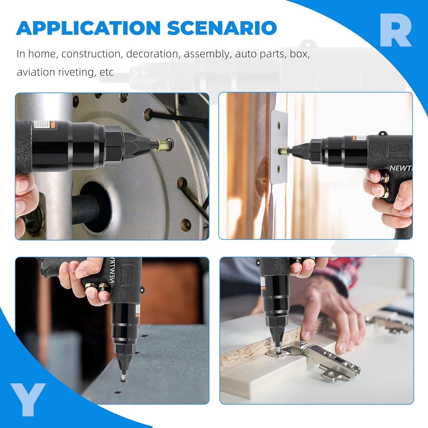Four images showing different application scenarios for the rivet nut tool: installing in metal tubing, attaching a bracket to a wall, securing a panel, and fastening a hinge to wood.