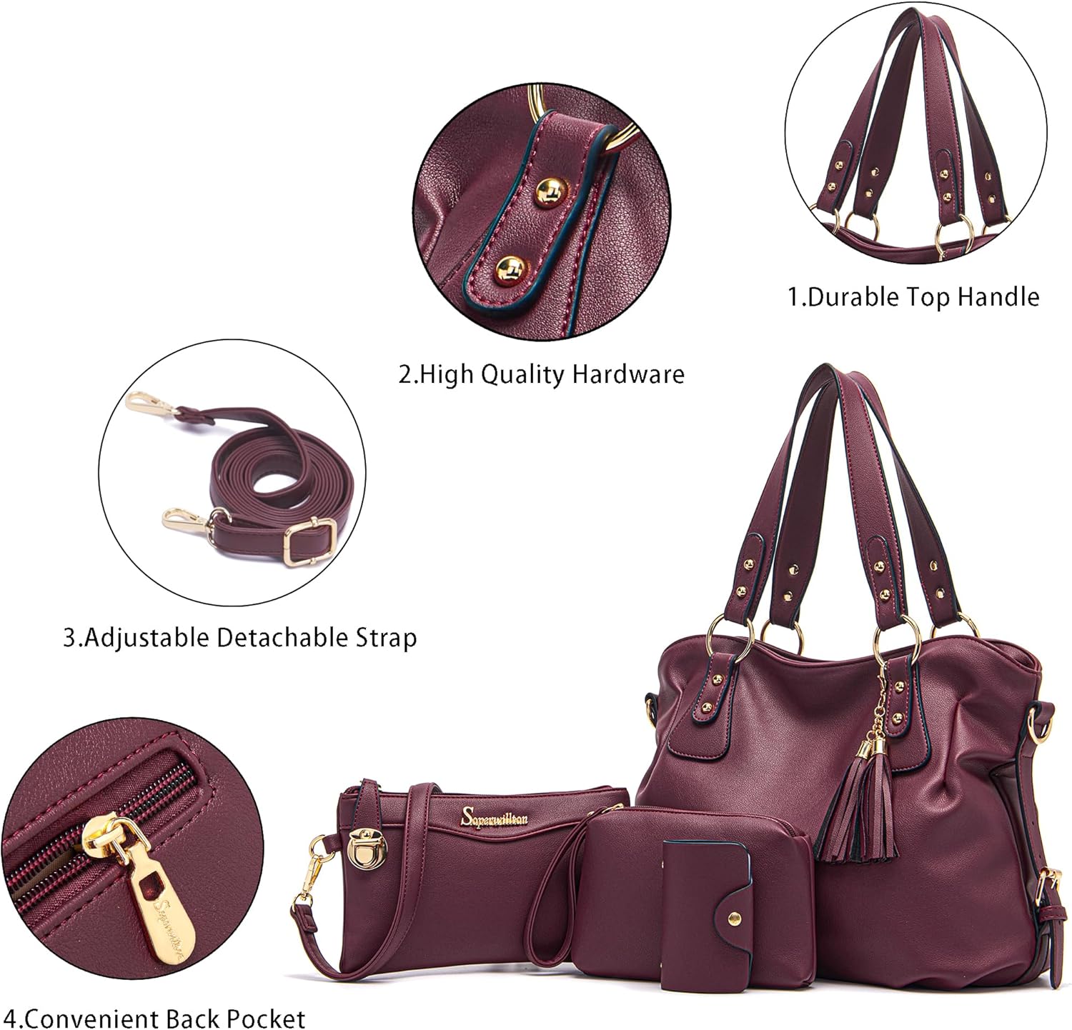 Soperwillton Fashion Handbag for Women Shoulder Bag Top Handle Satchel Hobo Tote Bag Purse Set 4pcs - Image 4