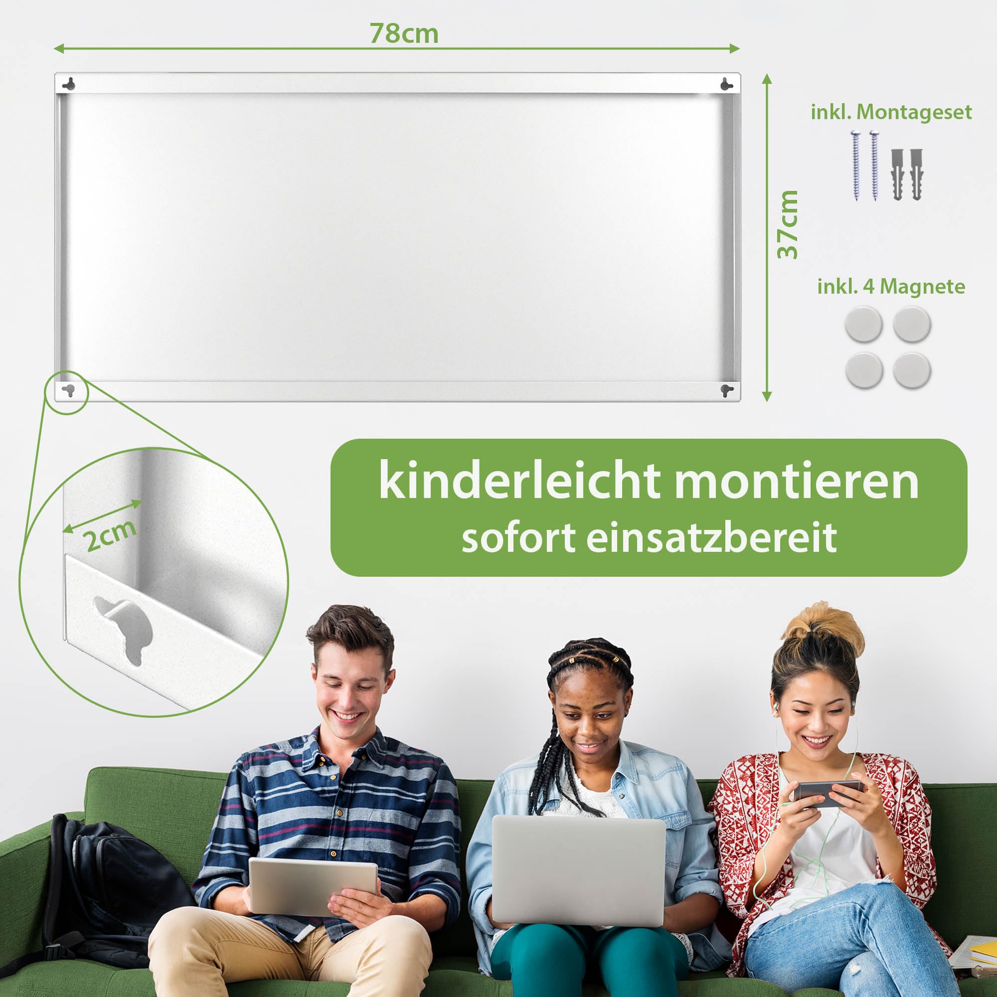 banjado Magnettafel Metall 78 x 37cm - beschreibbare Magnettafel - Metall Pinnwand als Memoboard - Magnetwand Küche, Büro, Kinderzimmer Weiß inkl. 4 Magnete & Montageset - Motiv Regenbogenfarben