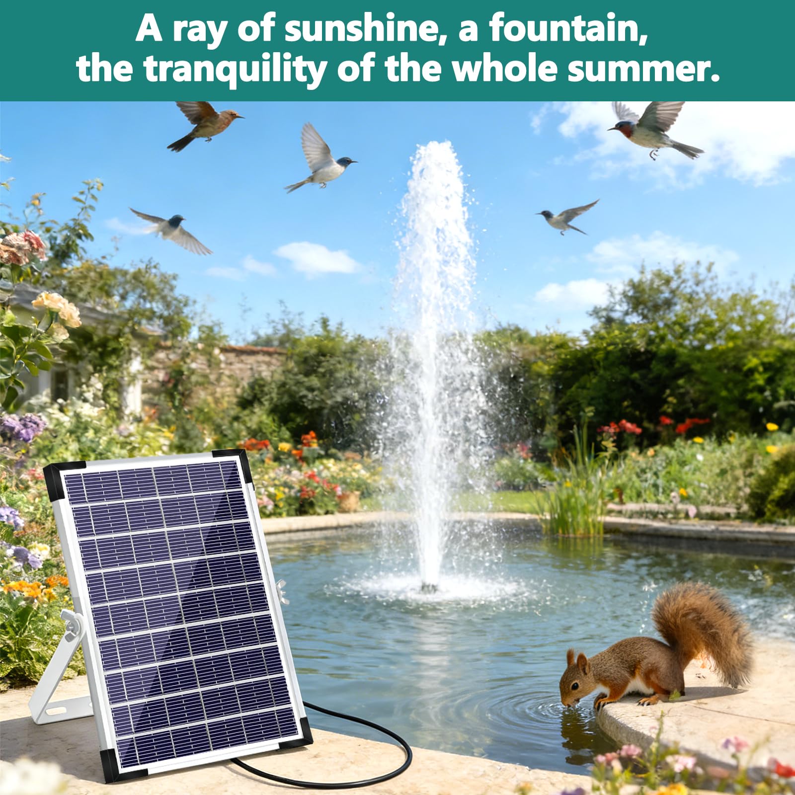 Fontana Solare,5W Pompa Solare per Laghetto,Fontana Solare per Esterna con 1,5 M Tubo,Pompa Solare da Giardino con 5 Ugelli per Abbeveratoio per Uccelli,Contenitori per Pesci,Stagno,Piscina