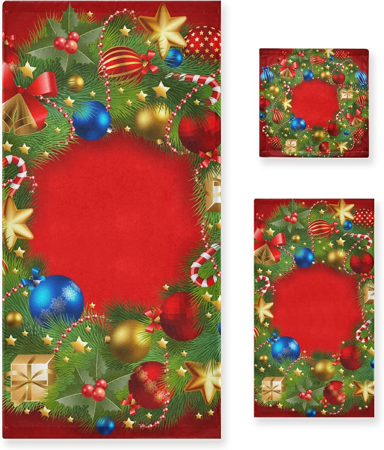 ALAZA Christmas Bathroom Towels Red Christmas Towels Set of 3, 1 Christmas Bath Towels 1 Hand Towels 1 Washcloth Soft Luxury for Spa Beach Merry Christmas Wreath Towels X-mas Decor Gifts