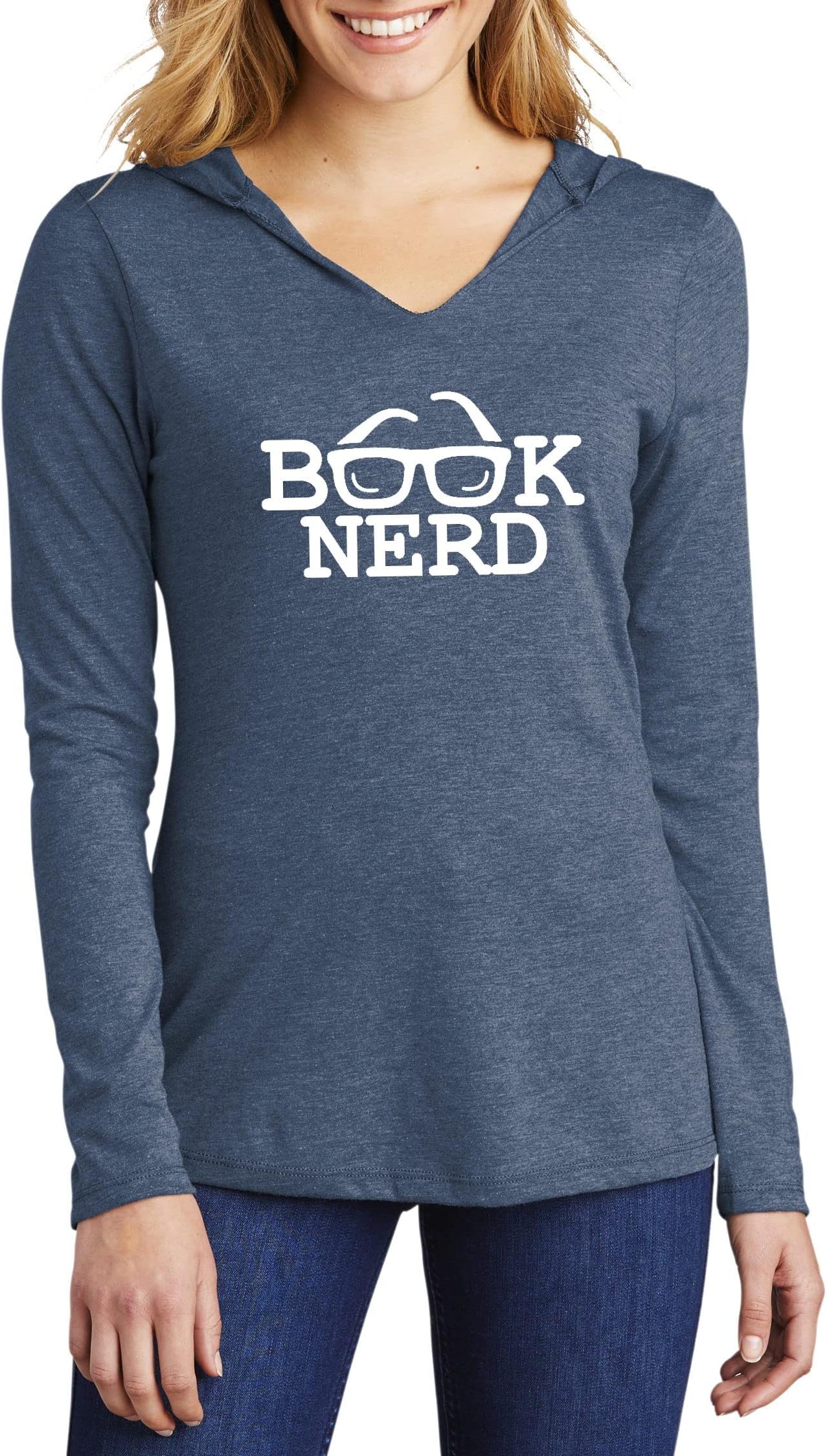 Ladies Hoodie Shirt Book Nerd Funny Tee Geek Gift Navy Frost L