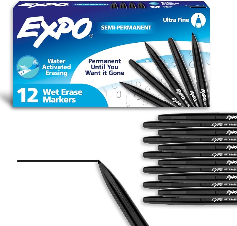 Wet Erase Markers, Semi-Permanent, Black, Ultra Fine Tip, 12 Count - For Writing on Glass, Whiteboards, Mirrors, Calendar, Labeling, Organizing