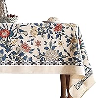 Patdrea Blue Vintage Linen Tablecloth 55x71 Rectangle - Floral Leaves Farmhouse Pattern for Kitchen Dining, Christmas Thanksgiving Decor
