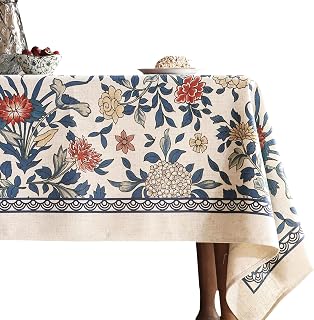 Patdrea Blue Vintage Linen Tablecloth 55x71 Rectangle - Floral Leaves Farmhouse Pattern for Kitchen Dining, Christmas Thanksgiving Decor