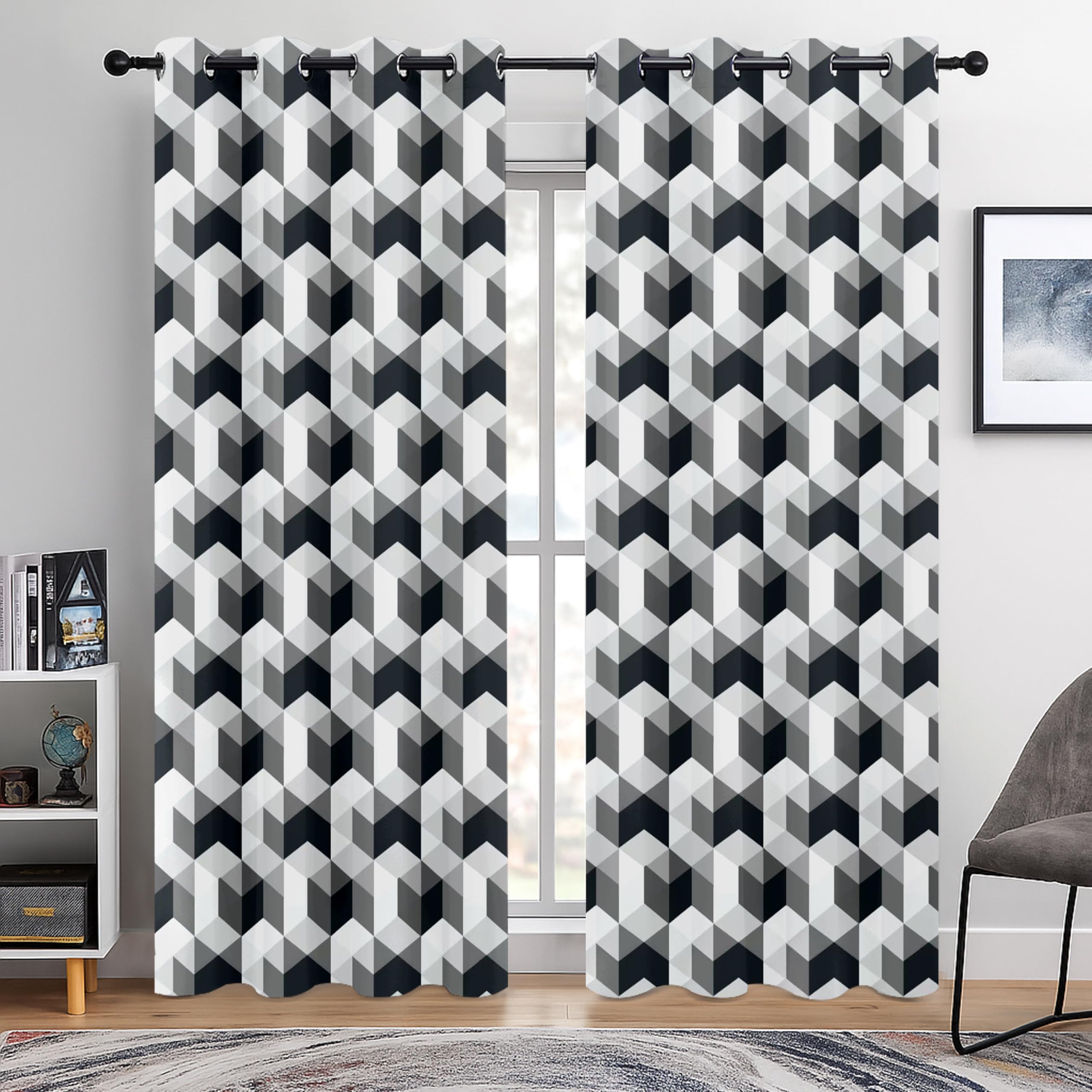BOHOMOCASA Black White Grey Geometric Cube Blackout Curtains for Living Room, 3D Optical Illusion Window Drapes, Modern Minimalist 100% Blackout Curtains, Grommet Panels 52 x 84 Inches, 2 Panels — image 1
