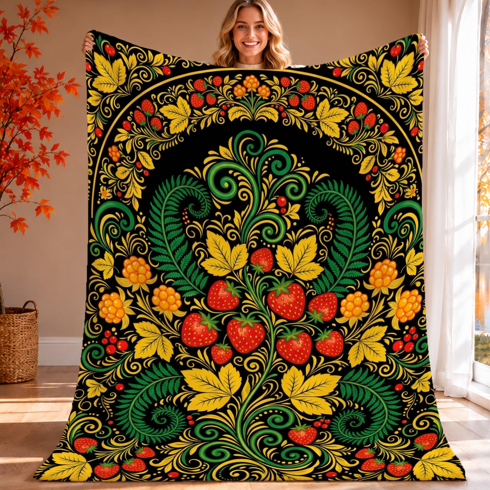 Manta de fresa compacta y mullida: cobija otoñal para evitar el frío en el sofá y el coche