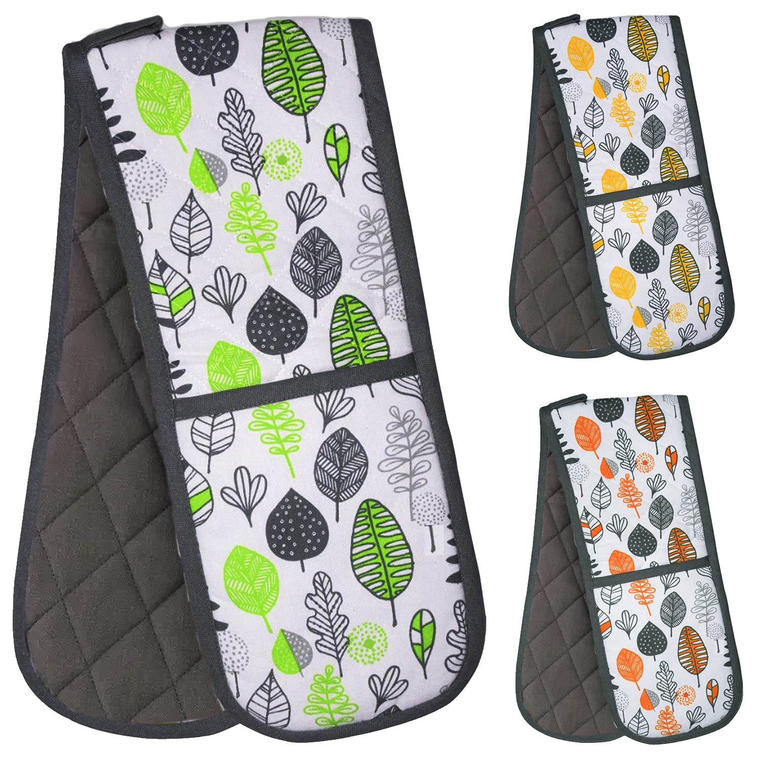 Prime Homewares Colour Leaf Design 100% Cotton Oven Glove Double Oven Gloves Double Oven Mitt Heat Resistant Oven Gloves (Grey/Yellow Leaf)