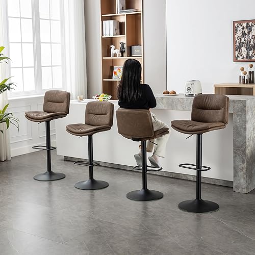 Miniatura 5 de Juego de 3 taburetes de bar giratorios tapizados de doble capa con respaldo, taburete de bar ajustable de 24 a 32 pulgadas, taburetes de bar de piel