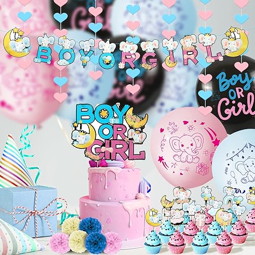Miniatura 4 de Elefante revelación de género suministros de fiesta azul y rosa decoración de baby shower pancarta de elefante decoración de pastel para magdalenas