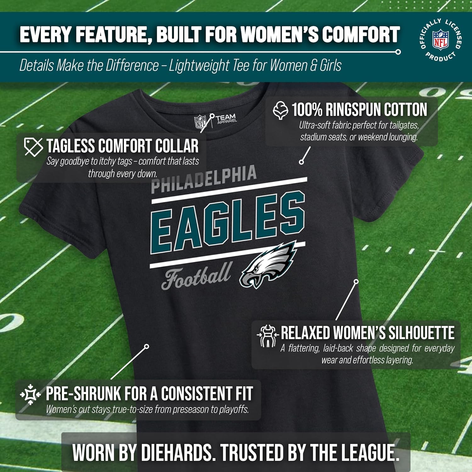 Team Fan Apparel NFL Gameday Women's Relaxed Fit T-Shirt - Rib Neck Contour - Tagless Short Sleeve Tee - Stay Cool & Stylish (Philadelphia Eagles - Black, X-Large) - Image 3