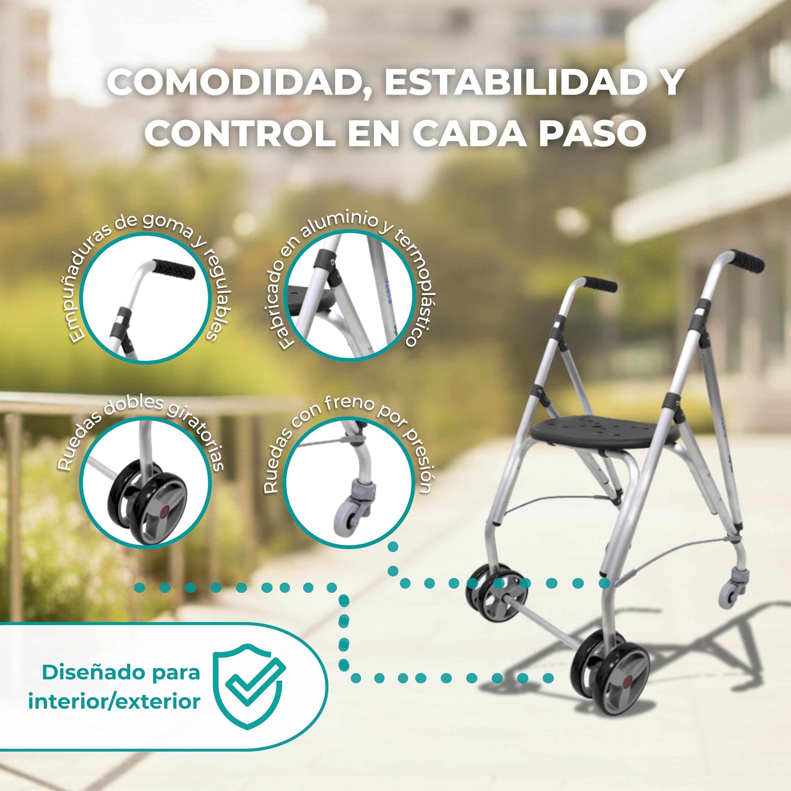 Forta Ara Plus - Andador Ligero y Plegable para Personas Mayores - Para Uso en Exteriores - Con Asiento Integrado, Regulable en Altura, Freno de Presión, Capacidad de Carga hasta 130 Kg (Negro)