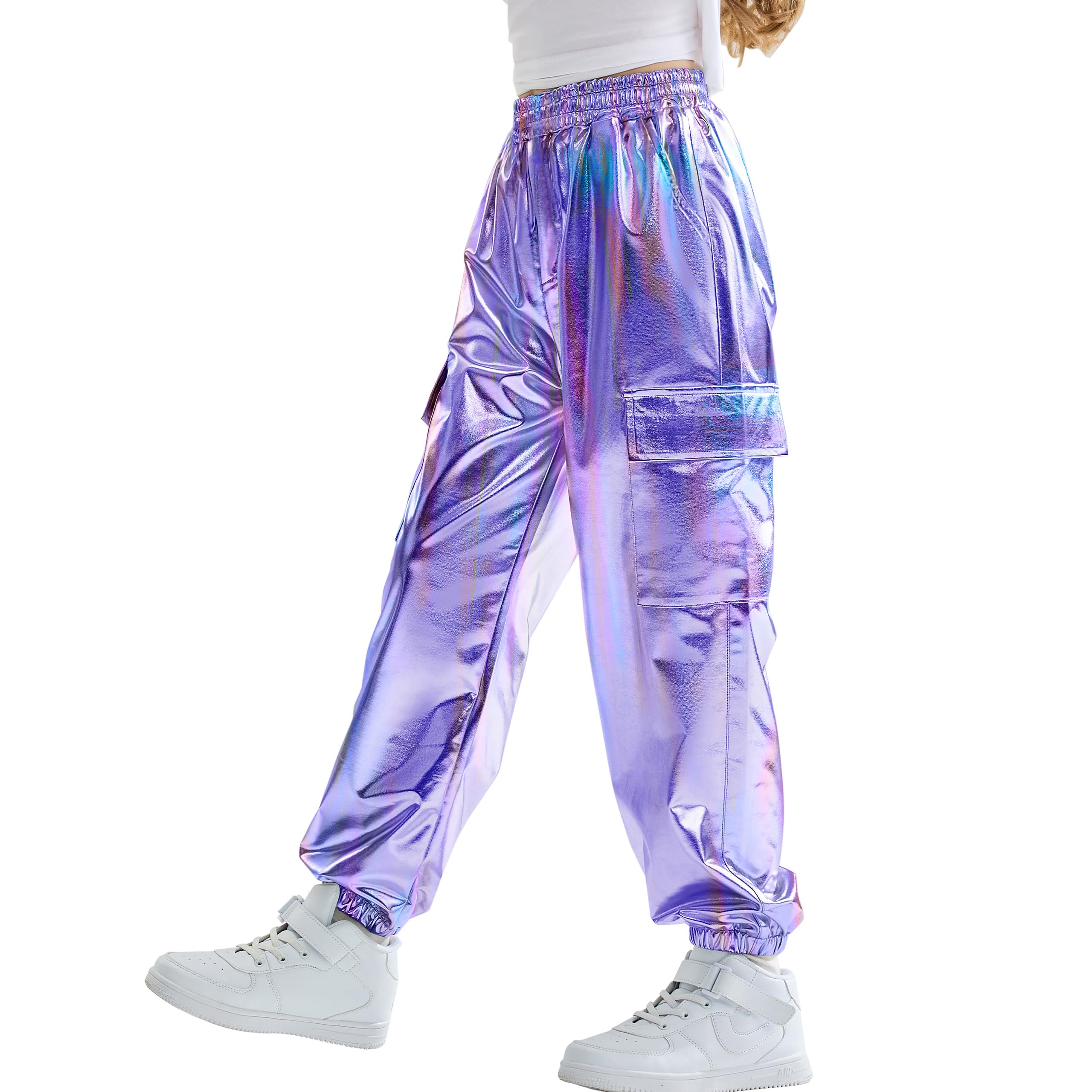 Rolanko Girls Metallic Cargo Pants, Shiny Jogger Pant for Dance 6-15 Years