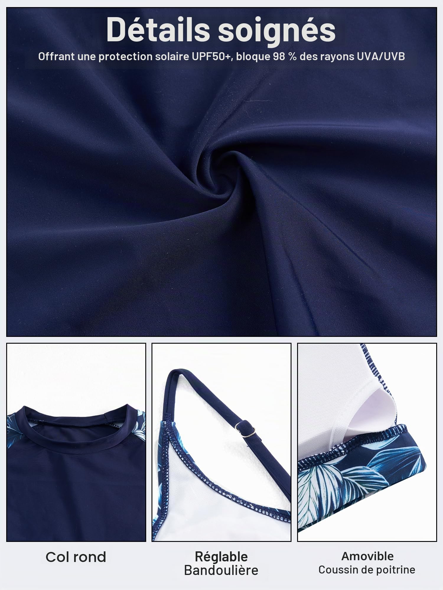 Owntop Maillot de bain 3 pièces Rashguard UPF50+ UV pour femme | Rashguard à manches courtes, haut de bikini et short taille haute | maillots de bain modestes | natation surf, bleu, XXL