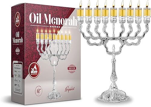 Miniatura 2 de Ner Mitzvah - Menorá de aceite chapado en plata se adapta a tazas de aceite estándar de Janucá y velas grandes ramas de oliva 115 pulgadas de alto